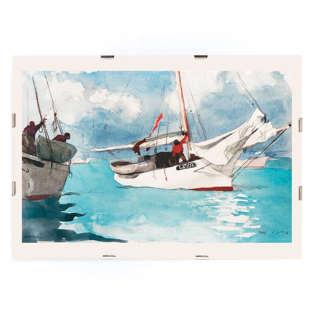 Vibrant fishing boats on turquoise blue water painted by Winslow Homer in Fishing Boats Key West perfect coastal decor poster, framed and displayed in modern living room decor