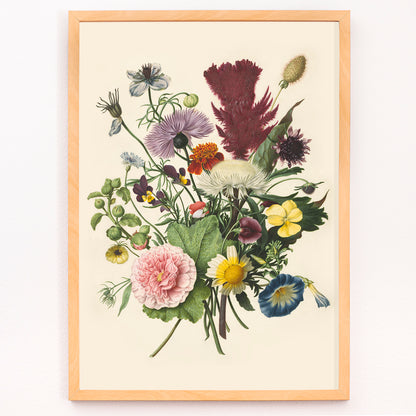 Closeup detail of Colorful floral bouquet illustration and detailed still life poster by Herman Henstenburgh for home decor