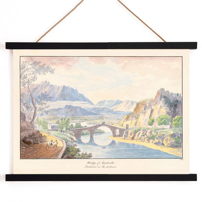 Bridge of Martorelle by Charles Hamilton Smith stone bridge over river with mountains scenic landscape poster, with wooden magnetic frame on white background