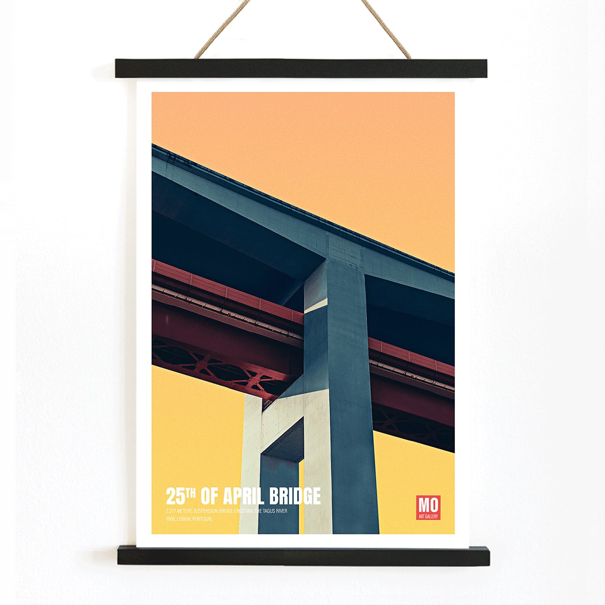 Abstract poster of 25th of April Bridge Lisbon by Mo Art Gallery with bold geometric design, with wooden magnetic frame on white background