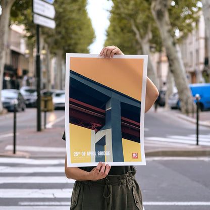 Abstract poster of 25th of April Bridge Lisbon by Mo Art Gallery with bold geometric design, framed and displayed in modern living room decor