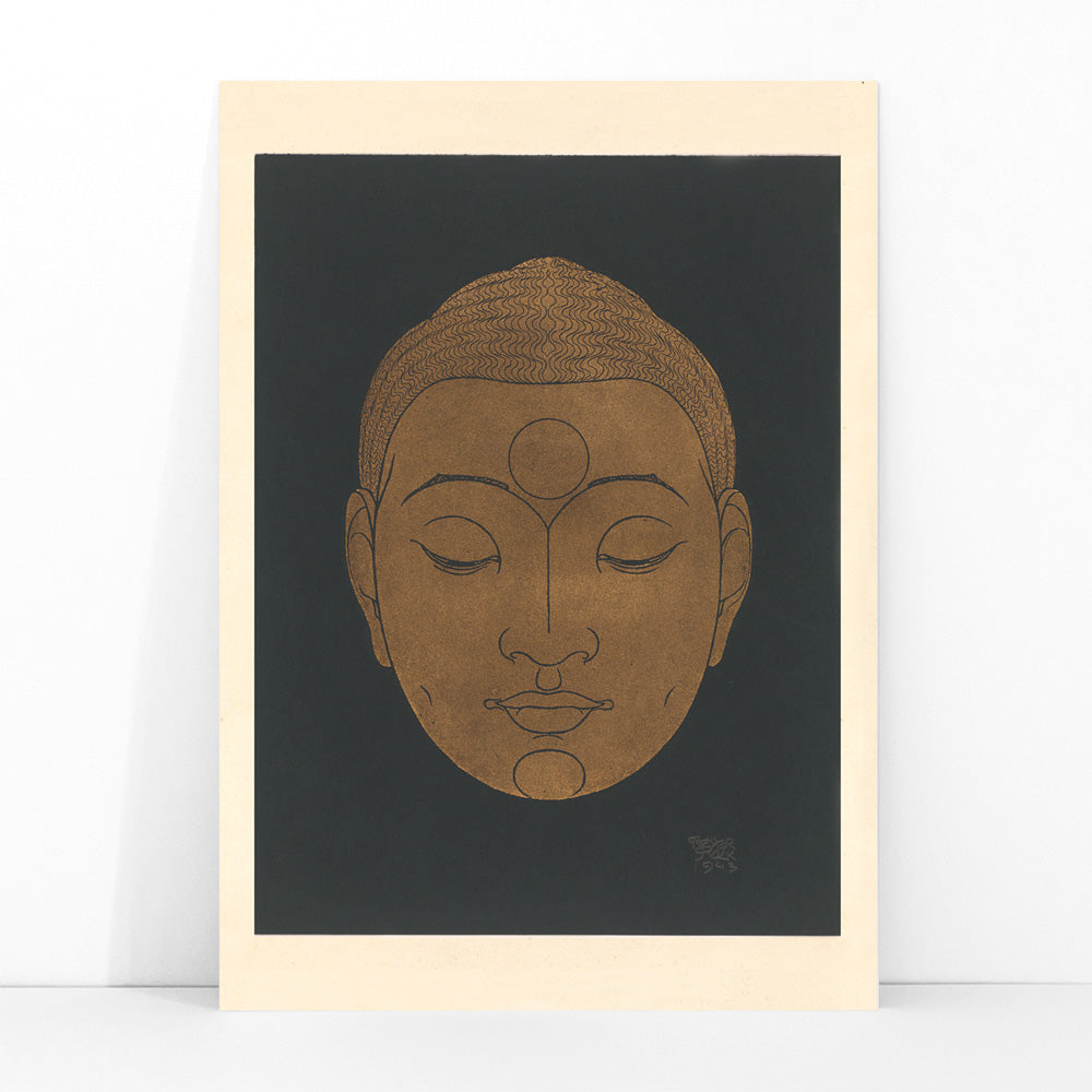 Minimalist golden Buddha head illustration artwork by Reijer Stolk on dark background poster titled Head of Buddha, framed and displayed in modern living room decor