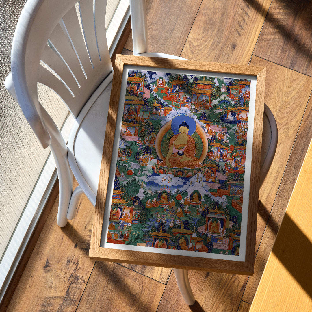 Shakyamuni Buddha in Avadana Legend Scenes painting and poster depicting life events teachings and surrounded by various figures in a vibrant detailed illustration, framed and displayed in home decor