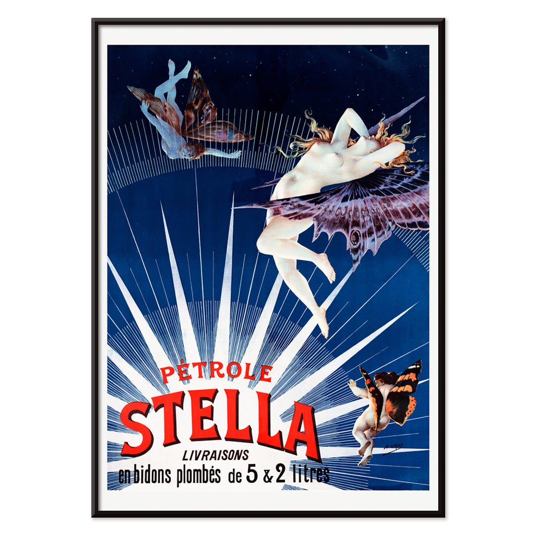 Art nouveau posters by Henri Boulanger Pétrole Stella featuring a glowing female figure with butterfly wings and a nude figure merging with butterflies against a starry sky for home decor, with black aluminium frame on white background