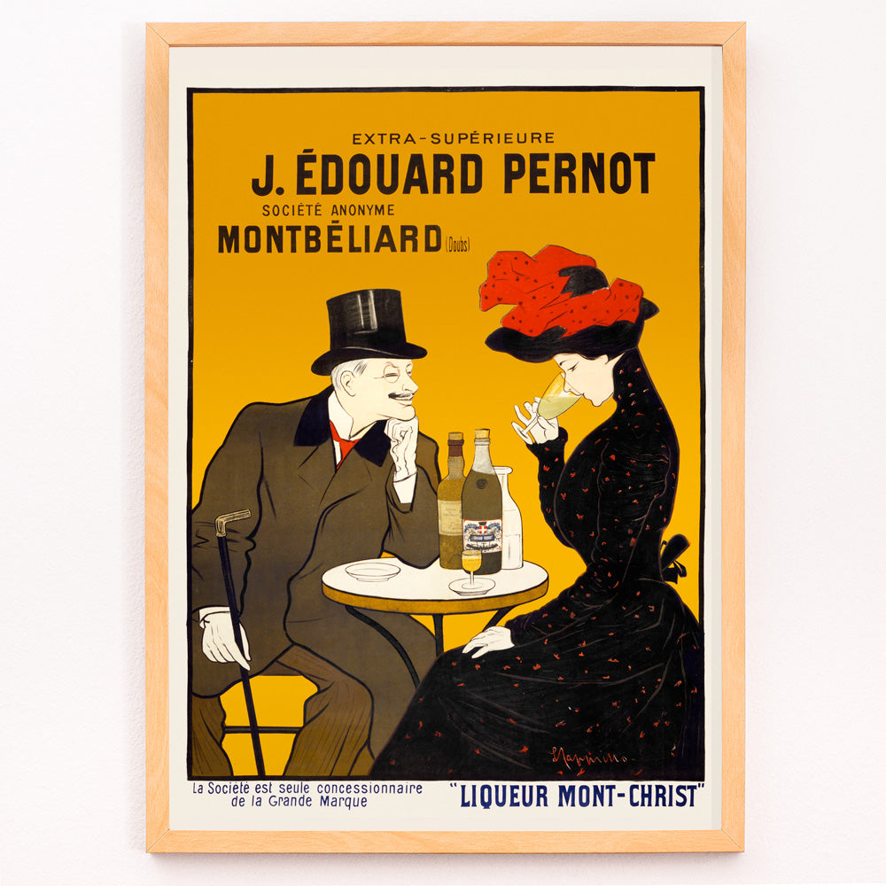 Closeup detail of Man and woman sitting at a cafe table enjoying drinks artwork by Leonetto Cappiello Montbeliard poster with bottles displayed