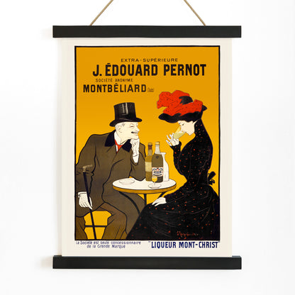 Man and woman sitting at a cafe table enjoying drinks artwork by Leonetto Cappiello Montbeliard poster with bottles displayed, with wooden magnetic frame on white background