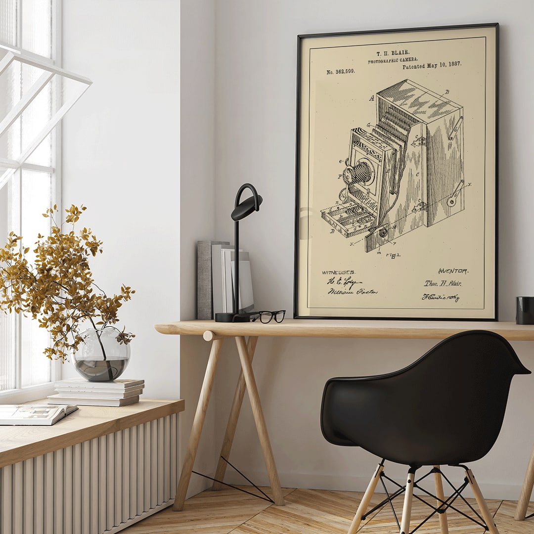 Vintage photographic camera patent diagram and detailed poster illustration by TH Blair, framed and displayed in home decor