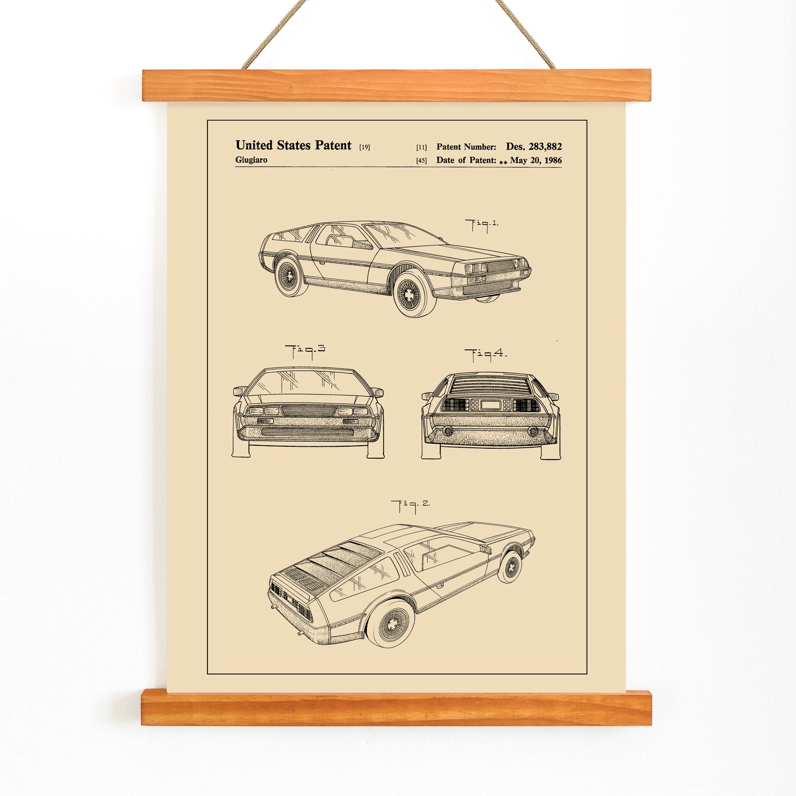 Delorean DMC-12 vintage car patent illustration and technical drawings poster by Giorgetto Giugiaro displayed from multiple angles, with wooden magnetic frame on white background