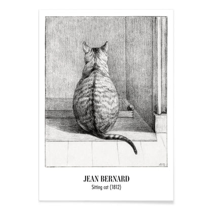 Detailed drawing poster of a sitting cat viewed from behind in a room artwork by Jean Bernard titled Sitting cat from behind, with black aluminium frame on white background