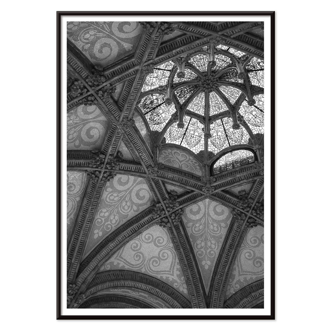 Ornate vaulted ceiling detail and architectural artwork at Hospital de la Santa Creu i Sant Pau Barcelona by Lluis Domenech i Montaner, with black aluminium frame on white background