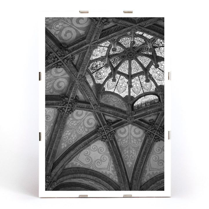 Ornate vaulted ceiling detail and architectural artwork at Hospital de la Santa Creu i Sant Pau Barcelona by Lluis Domenech i Montaner, framed and displayed in modern living room decor