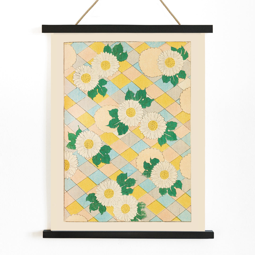 Chrysanthemum flowers and white flowers with green leaves on pastel geometric background artwork by Korin Furuya Bijutsukai Pl 218 poster, with wooden magnetic frame on white background