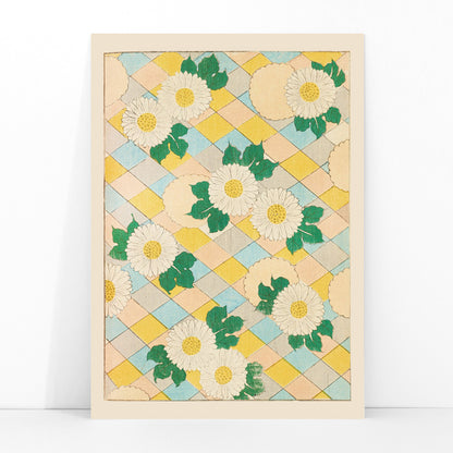 Chrysanthemum flowers and white flowers with green leaves on pastel geometric background artwork by Korin Furuya Bijutsukai Pl 218 poster, framed and displayed in modern living room decor