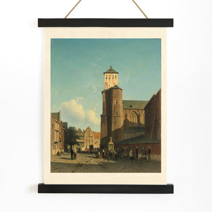 St Denis Church in Liege painting by Jan Weissenbruch showing people in a sunlit city square poster artwork, with wooden magnetic frame on white background