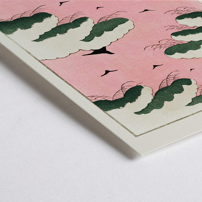 Closeup detail of Pink sky with green clouds and black birds by Watanabe Seitei from Bijutsu Sekai Kacho-ga style poster