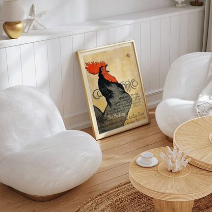 Black rooster with red comb and text promoting Cocorico by Theophile Alexandre Steinlen on yellow background illustration poster, framed and displayed in home decor