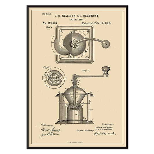 Detailed black and white illustration and patent poster of a mechanical coffee grinder by J C Milligan titled Coffee Mill showing detailed components, with black aluminium frame on white background