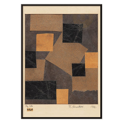 Abstract collage poster with black and brown geometric shapes by Kurt Schwitters Mz 386 Hopf Merzzeichnung, with wooden magnetic frame on white background