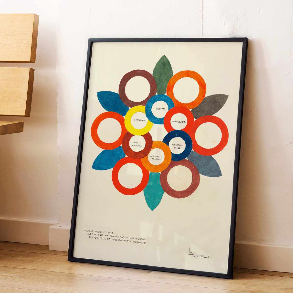 Colorful abstract flower and overlapping rings artwork Centre Pure Colors by Elizabeth A Nedwill, framed and displayed in modern living room decor