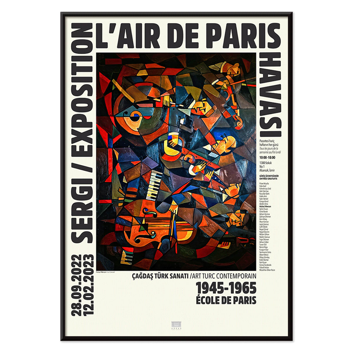 Le Concert by Hulusi Mercan L Air de Paris exhibition poster with vibrant abstract musical instruments artwork, with black aluminium frame on white background