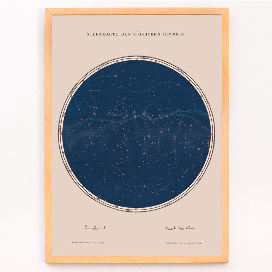 Closeup detail of Carte des constellations star map and detailed constellation poster by The Institute of Liepzig southern sky artwork