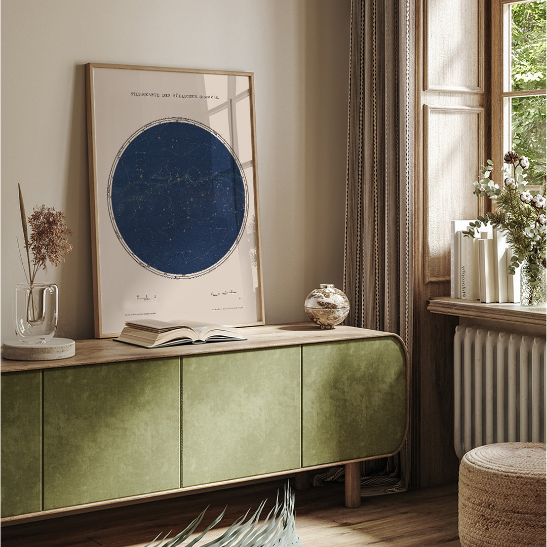 Carte des constellations star map and detailed constellation poster by The Institute of Liepzig southern sky artwork, framed and displayed in home decor