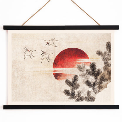 Cranes and birds flying near a red sun with pine branches inspired by Birds and Sunset by Katsushika Hokusai Japanese art poster, with wooden magnetic frame on white background