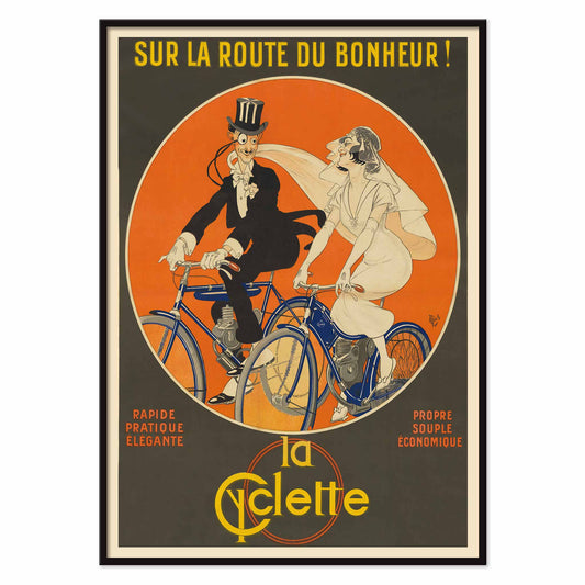 Michel Liebeaux Sur la route du bonheur vintage cycling poster with stylish couple riding blue bicycles against vivid orange circle, with black aluminium frame on white background