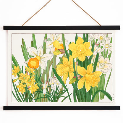 Daffodil woodblock painting by Tanigami Konan vibrant yellow and white floral artwork poster, with wooden magnetic frame on white background