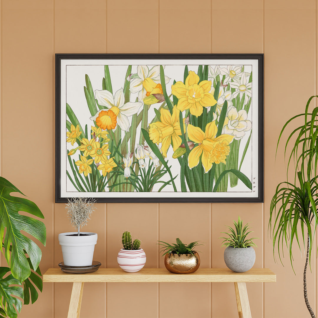 Daffodil woodblock painting by Tanigami Konan vibrant yellow and white floral artwork poster, framed and displayed in home decor