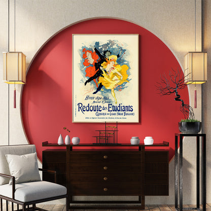 Colorful dancers in festive attire and vibrant costumes featured in Redoute Des Etudiants by Jules Cheret vintage poster with bold text, framed and displayed in home decor