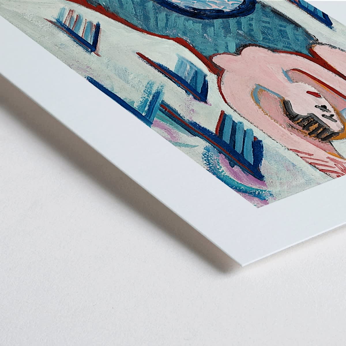 Closeup detail of Dancing Couple in the Snow by Ernst Ludwig Kirchner vibrant expressive painting of a couple embracing and dancing in a snowy scene