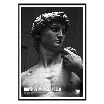 David by Michelangelo Buonarroti classic sculpture and grayscale poster from Mo Art Gallery Florence, with black aluminium frame on white background