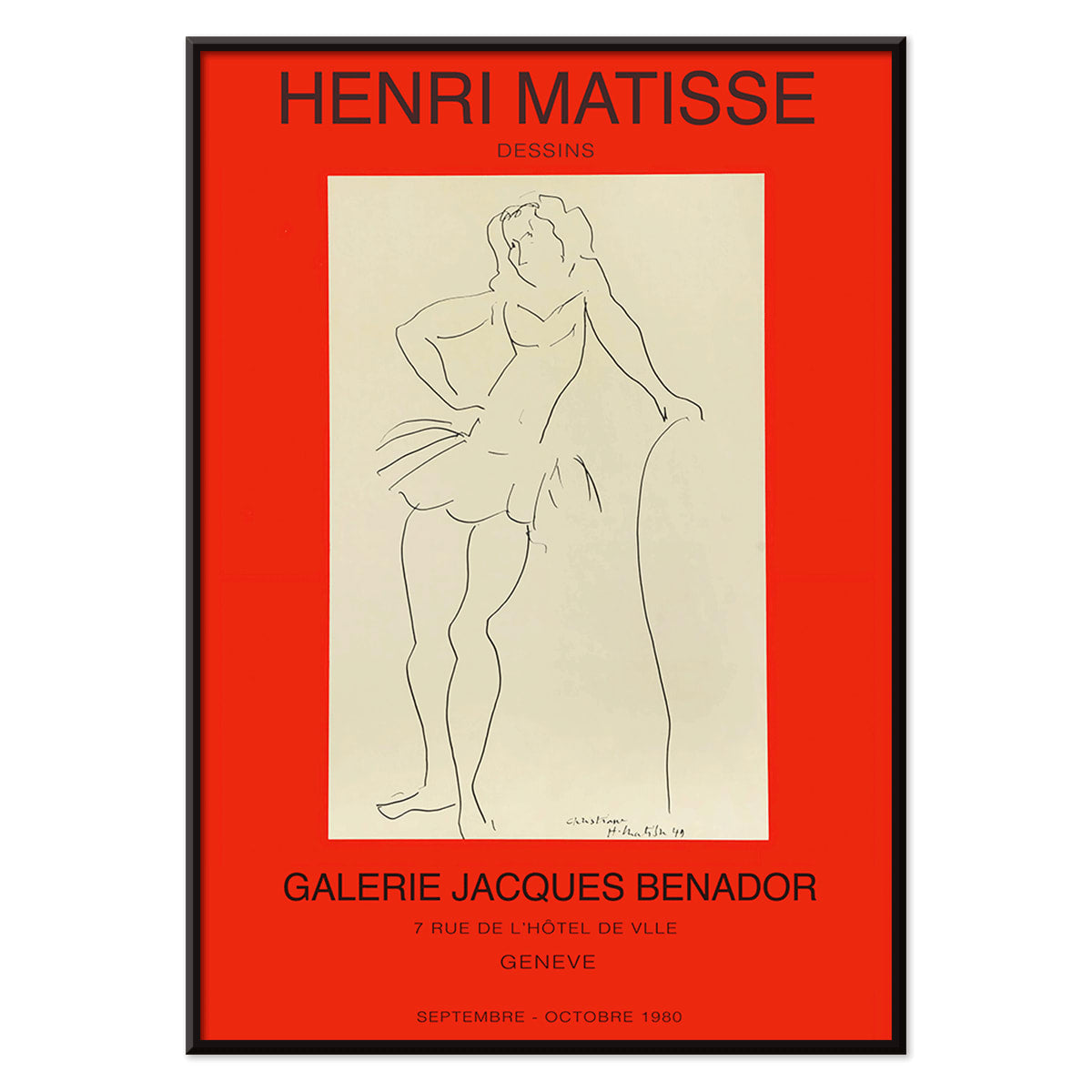 Henri Matisse minimalist line drawing of standing figure for Exposition Matisse poster at Galerie Jacques Benador Geneve exhibition, with black aluminium frame on white background