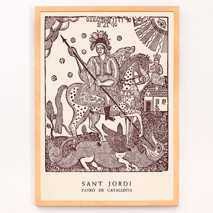 Closeup detail of Sant Jordi slaying a dragon on horseback medieval artwork and poster knight with spear Patro de Catalunya