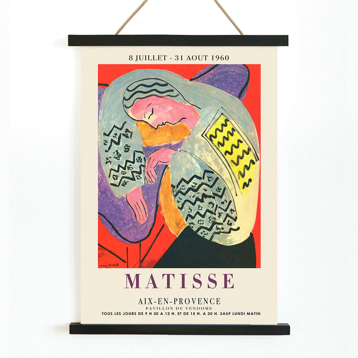 Henri Matisse The Dream exhibition poster at Aix en Provence featuring colorful abstract design with reclining figure, with wooden magnetic frame on white background