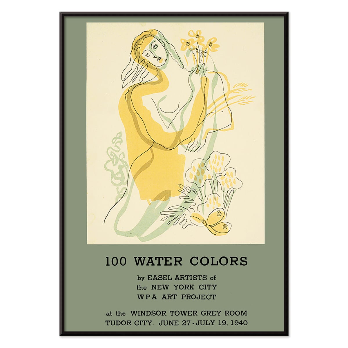 Watercolor illustration poster of a woman with flowers by Easel Artists from the New York City WPA Art Project titled 100 Water Colors, with black aluminium frame on white background