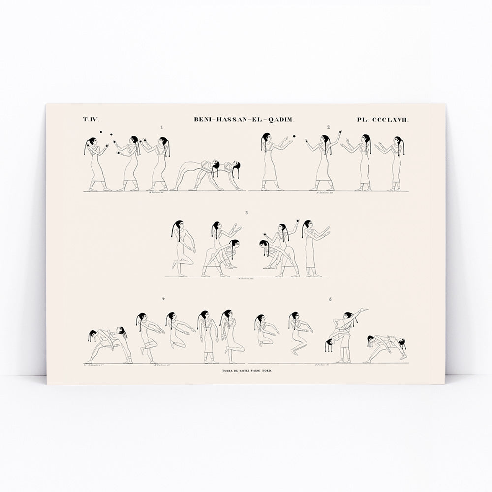 Ancient Egyptian wrestling scene and poster with line drawings from Tomb of Rotei north wall by Jean Francois Champollion, framed and displayed in modern living room decor