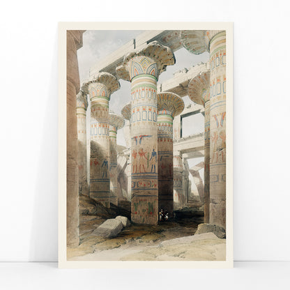 Ancient Egyptian temple columns with hieroglyphs and painted details at Karnak ruins artwork by David Roberts, framed and displayed in modern living room decor