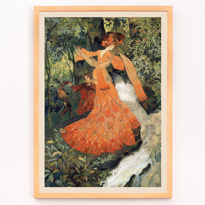 Closeup detail of Elegant woman in ornate orange dress by a stream in lush forest featured in Elegante Pres D une Source by Georges de Feure art poster