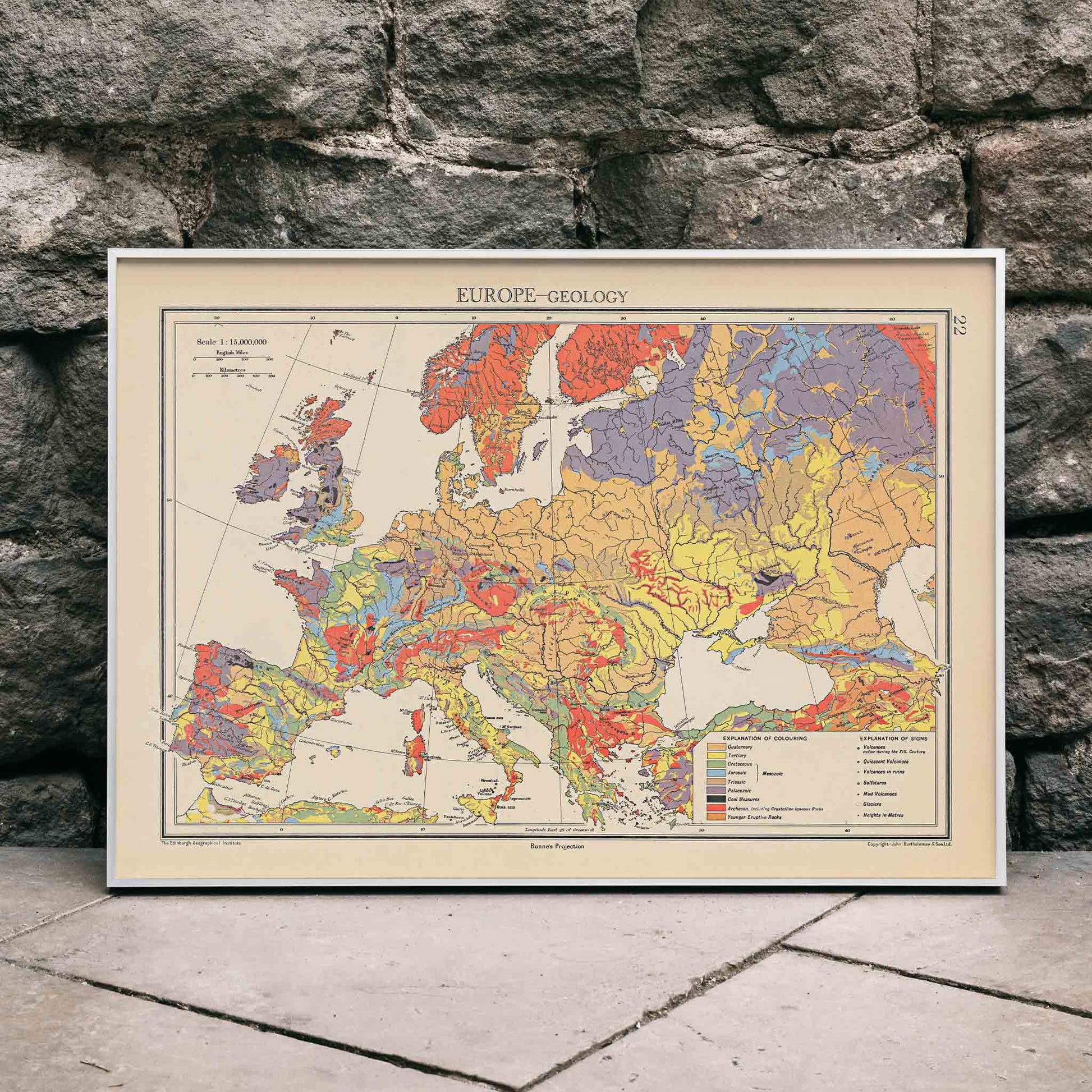 John George Bartholomew Europe geology map poster with colorful geological regions in vintage scientific style, framed and displayed in home decor