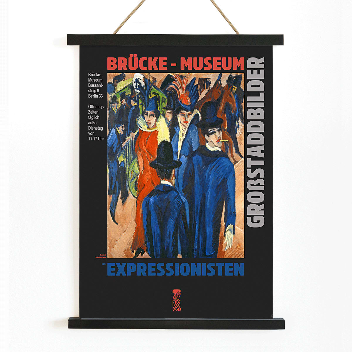 Colorful Berlin Street Scene at Brücke Museum by Ernst Kirchner featuring people in vibrant attire and expressionist artwork poster, with wooden magnetic frame on white background