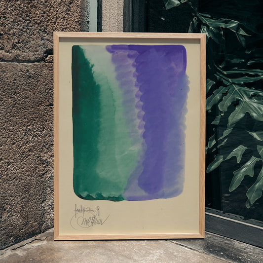 Abstract watercolor art poster with green and purple hues blending titled Farbstudien 10 Blaetter IX by Karl Wiener, framed and displayed in home decor