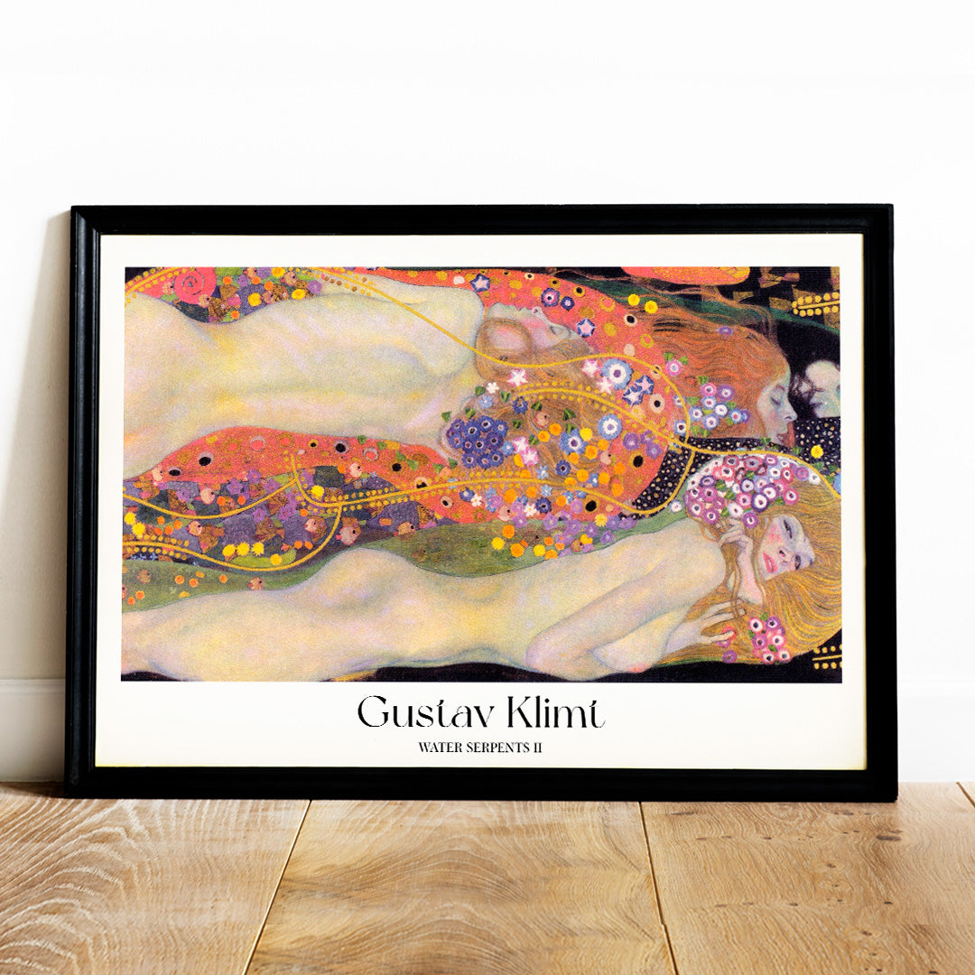 Gustav Klimt Water Serpents II colorful Art Nouveau painting and poster featuring intertwined nude women with vibrant floral and gold decorative patterns, framed and displayed in home decor