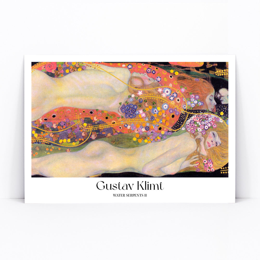Gustav Klimt Water Serpents II colorful Art Nouveau painting and poster featuring intertwined nude women with vibrant floral and gold decorative patterns, framed and displayed in modern living room decor