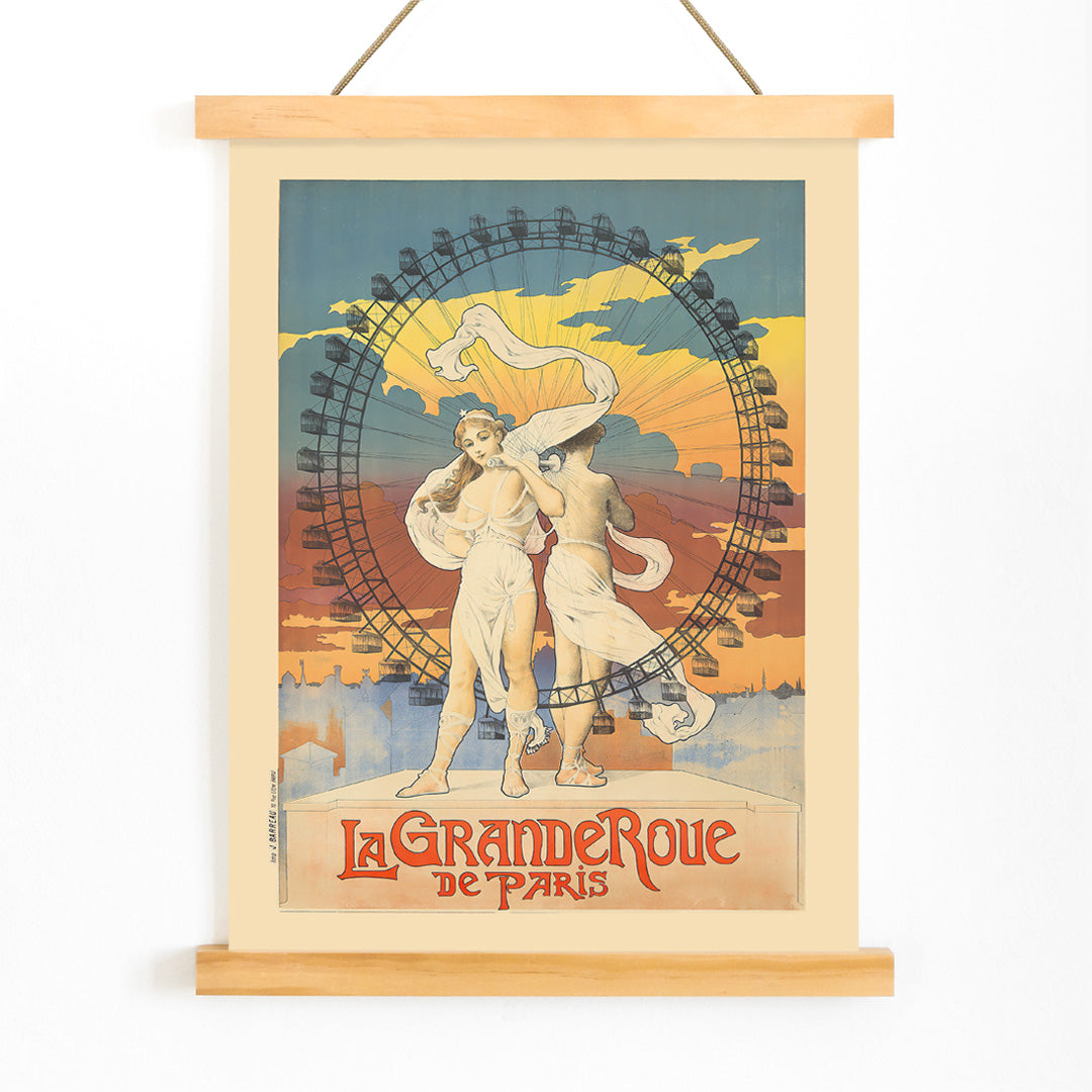 Two women in flowing dresses in front of a Ferris wheel at sunset colorful sky La Grande Roue artwork poster, with wooden magnetic frame on white background