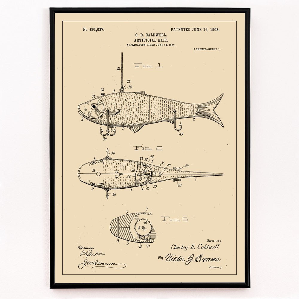 Closeup detail of Artificial Bait Patent by C D Caldwell detailed vintage fish lure illustration and mechanical design poster artwork
