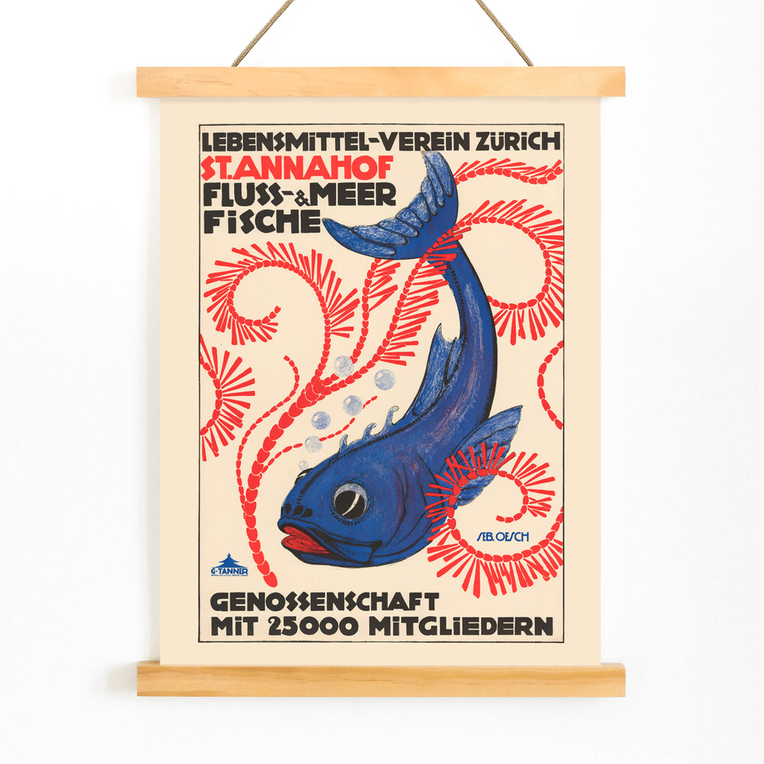 Colorful fish poster with bubbles red seaweed and blue fish with red swirls bold text Food Association Zurich river and sea fish by Sebastian Oesch, with wooden magnetic frame on white background