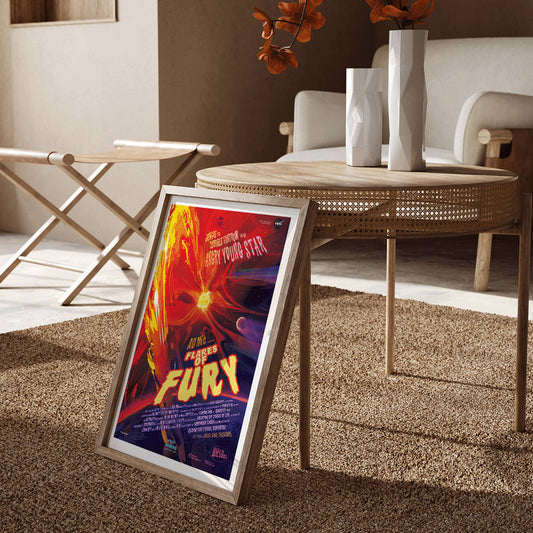 Colorful space-themed poster titled Flares of Fury by NASA featuring vibrant solar flares planets stars and a bright red and orange fiery explosion with celestial elements in the background, framed and displayed in home decor