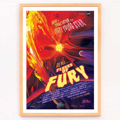 Colorful space-themed poster titled Flares of Fury by NASA featuring vibrant solar flares planets stars and a bright red and orange fiery explosion with celestial elements in the background, framed and displayed in modern living room decor